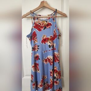Sundress Floral Vibrant Halter Neck Mini Light Blue Dress Romantic Spring Size M